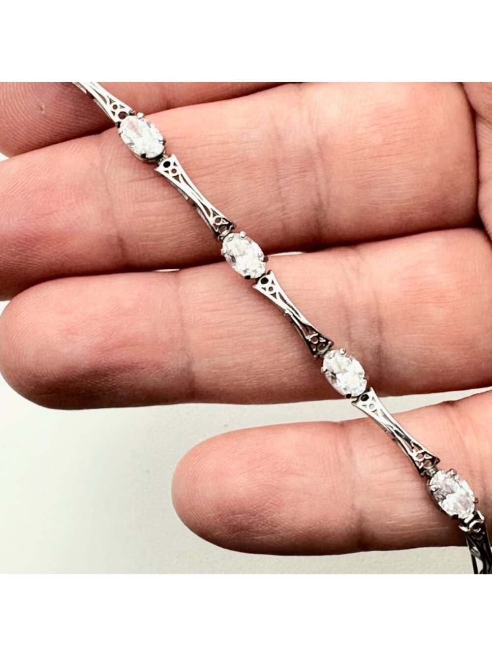 Estate Womens Bracelet 14K White Gold CZ Bracelet Vintage Filigree Style 7" - Picture 3 of 7